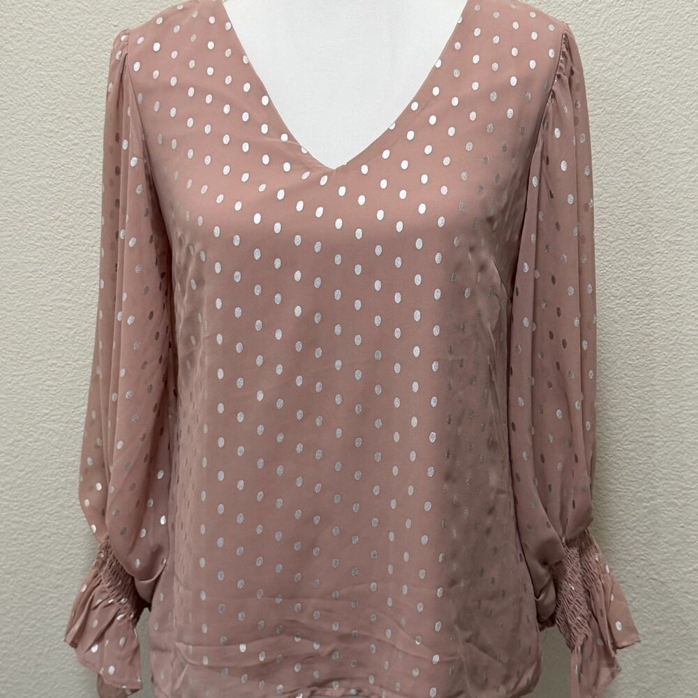 1. State pink and silver polka dot blouse, balloon sheer sleeves, XS